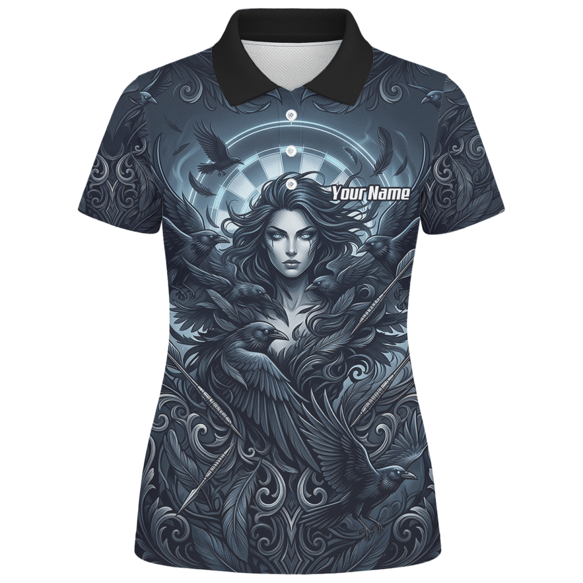 Dart Trikot Damen – Mystische Göttin & Raben Design Blau Schwarz E5253 - Outfitsuche