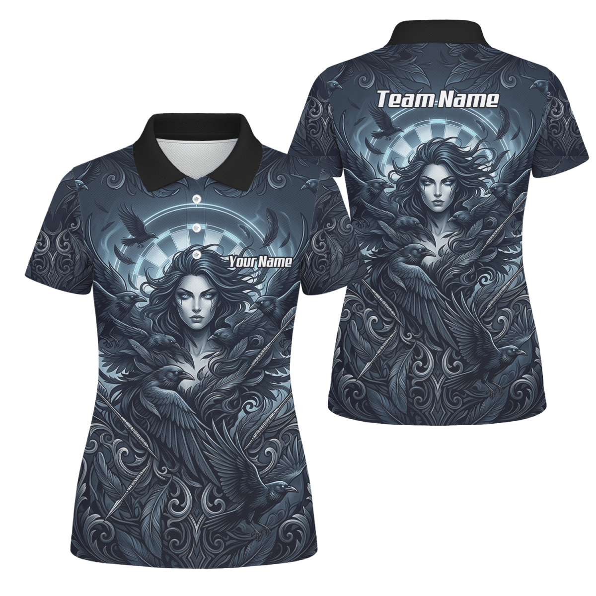 Dart Trikot Damen – Mystische Göttin & Raben Design Blau Schwarz E5253 - Outfitsuche
