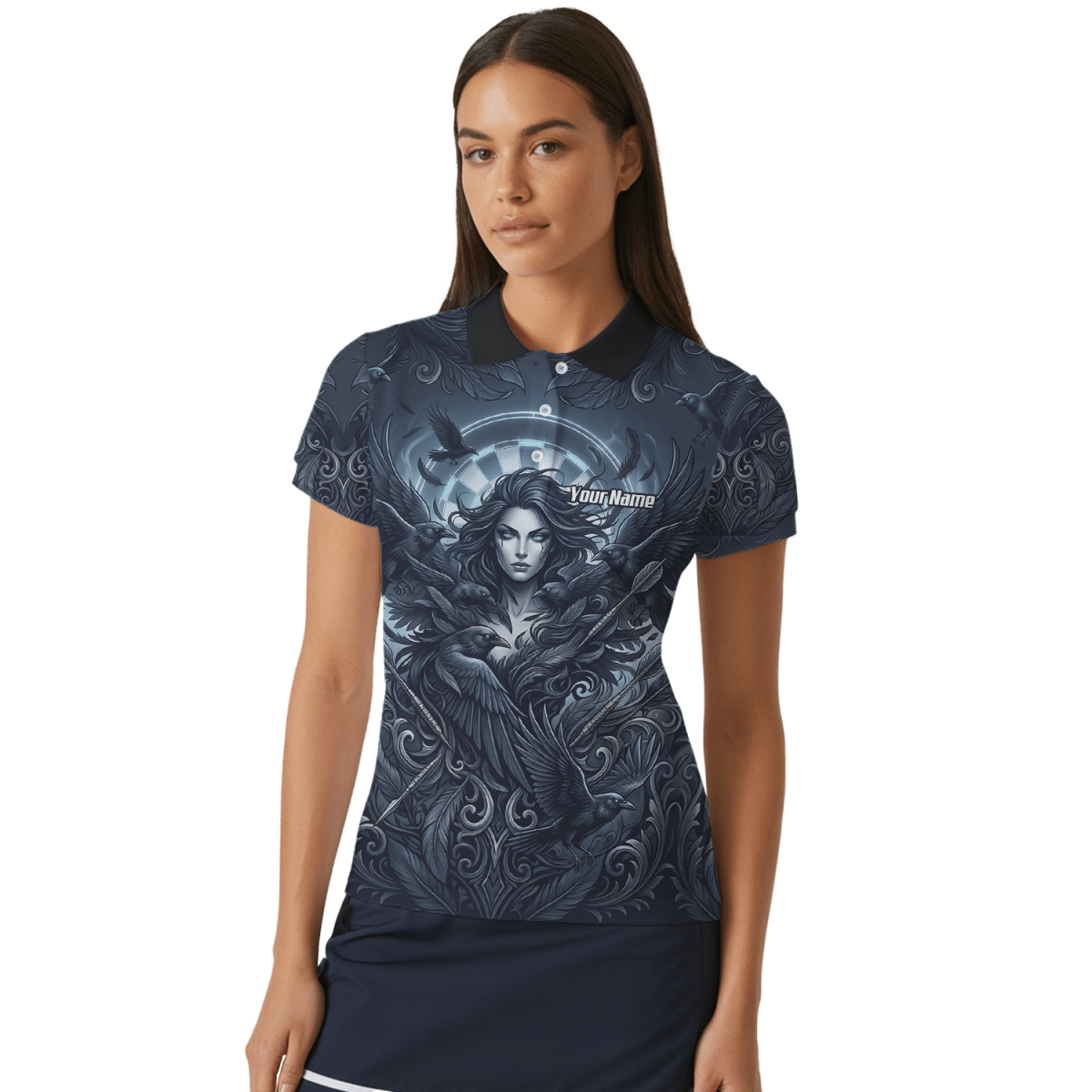 Dart Trikot Damen – Mystische Göttin & Raben Design Blau Schwarz E5253 - Outfitsuche