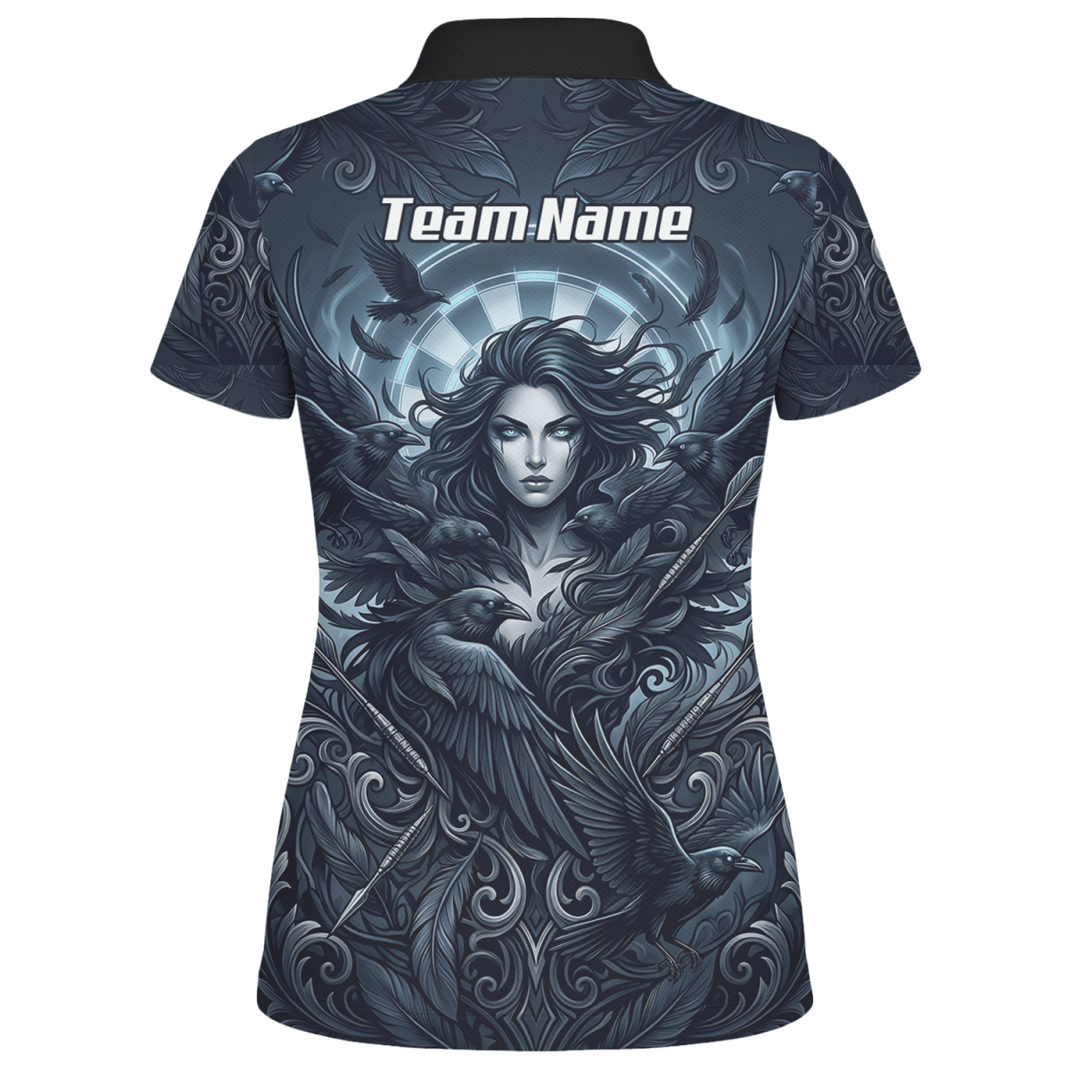Dart Trikot Damen – Mystische Göttin & Raben Design Blau Schwarz E5253 - Outfitsuche