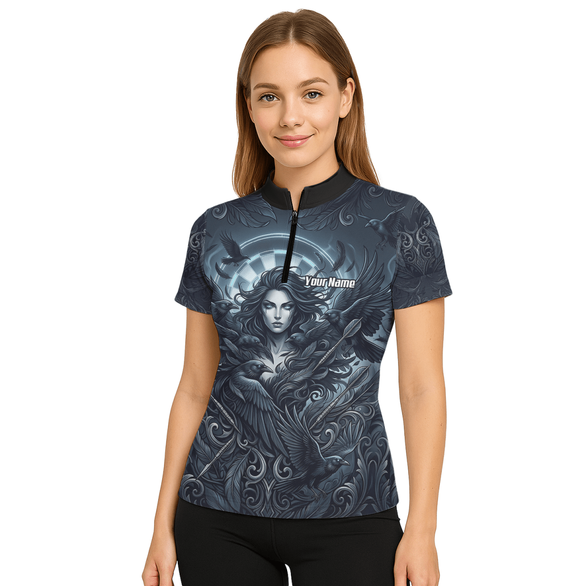 Dart Trikot Damen – Mystische Göttin & Raben Design Blau Schwarz E5253 - Outfitsuche