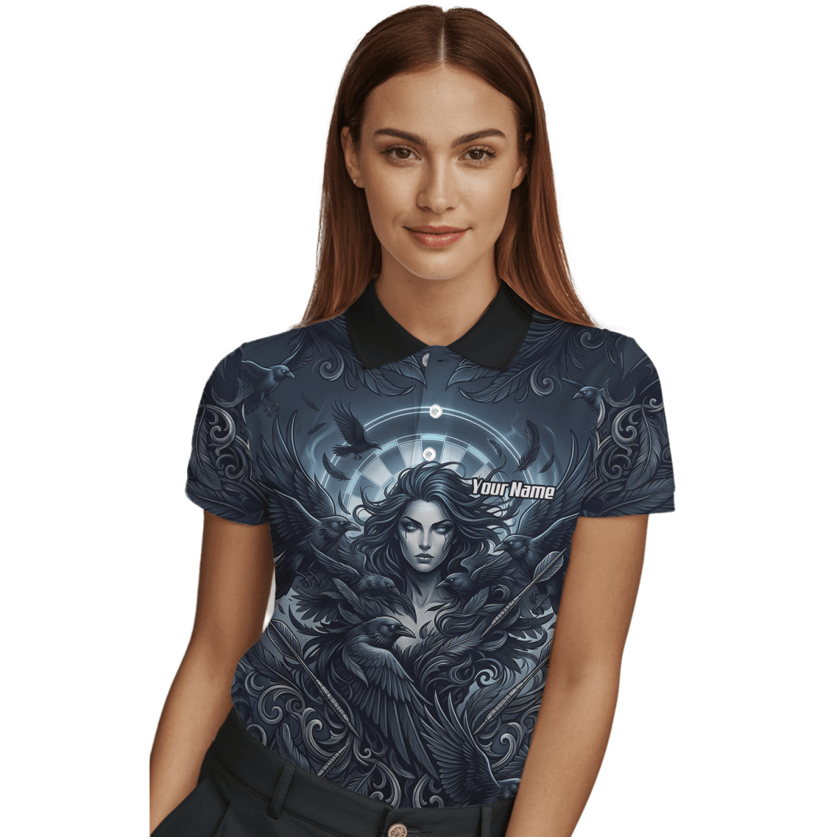 Dart Trikot Damen – Mystische Göttin & Raben Design Blau Schwarz E5253 - Outfitsuche