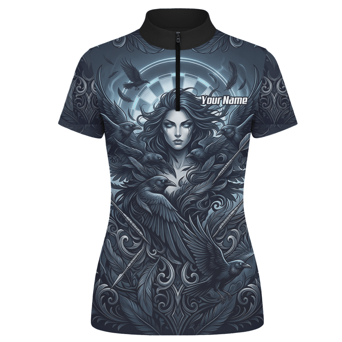 Dart Trikot Damen – Mystische Göttin & Raben Design Blau Schwarz E5253 - Outfitsuche