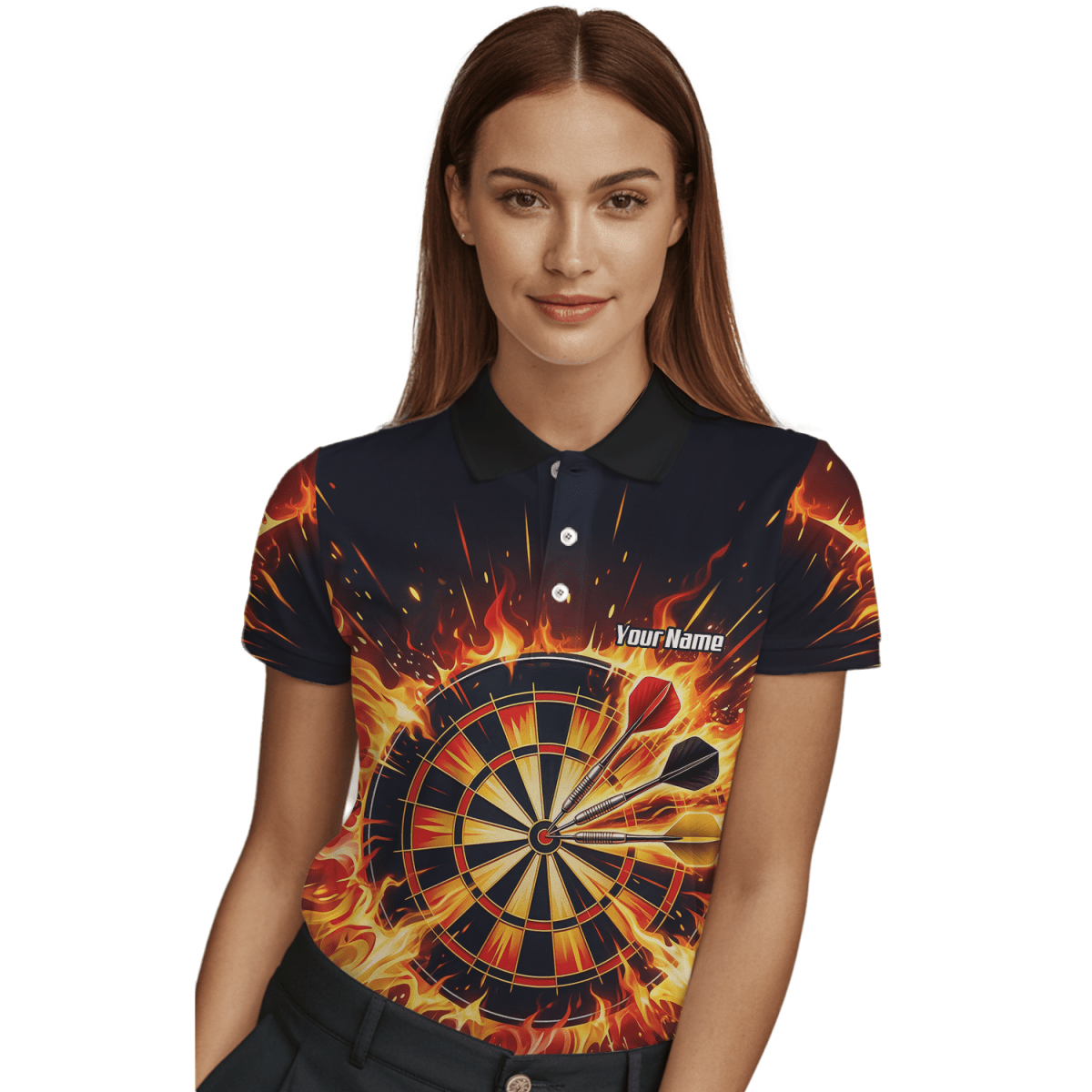 Dart Trikot Damen Personalisierbar – Brennende Dartscheibe Schwarz M1671 - Outfitsuche