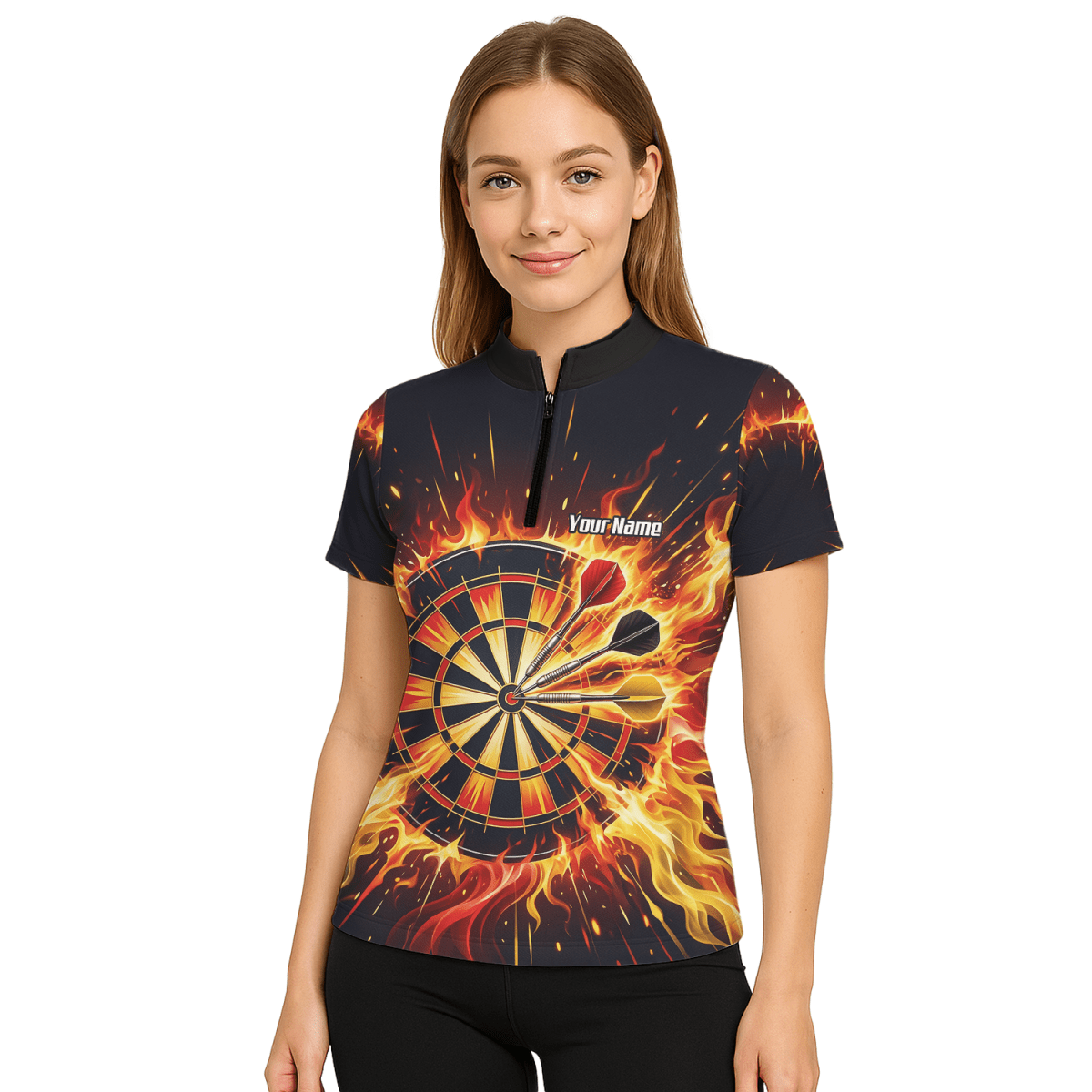 Dart Trikot Damen Personalisierbar – Brennende Dartscheibe Schwarz M1671 - Outfitsuche