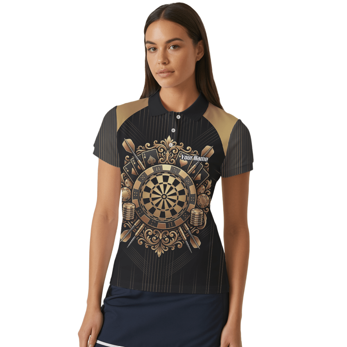 Dart Trikot Damen Personalisierbar – Casino & Poker Design Schwarz Gold D9179 - Outfitsuche