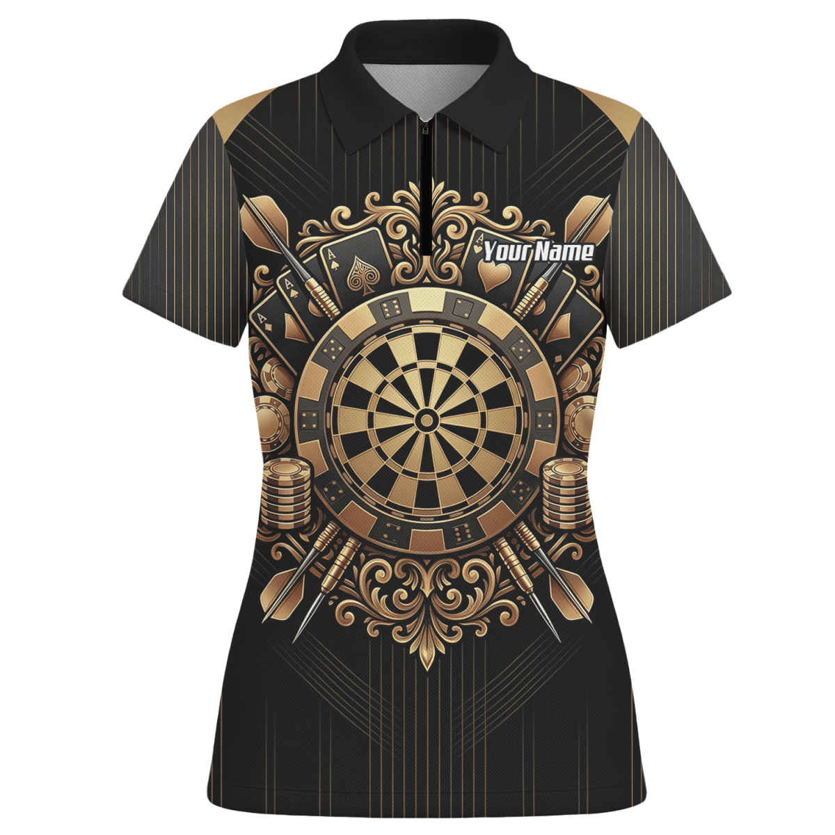 Dart Trikot Damen Personalisierbar – Casino & Poker Design Schwarz Gold D9179 - Outfitsuche