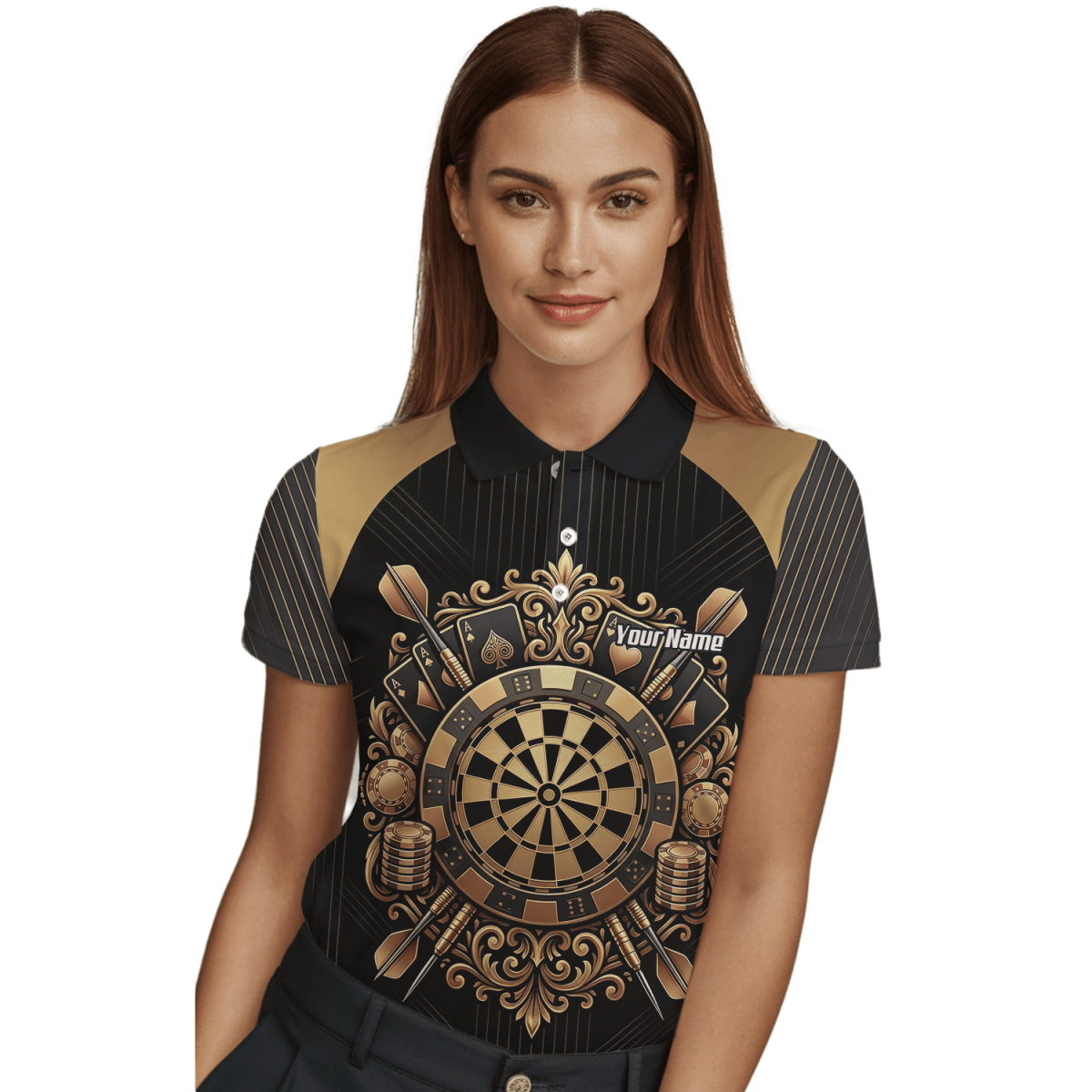 Dart Trikot Damen Personalisierbar – Casino & Poker Design Schwarz Gold D9179 - Outfitsuche