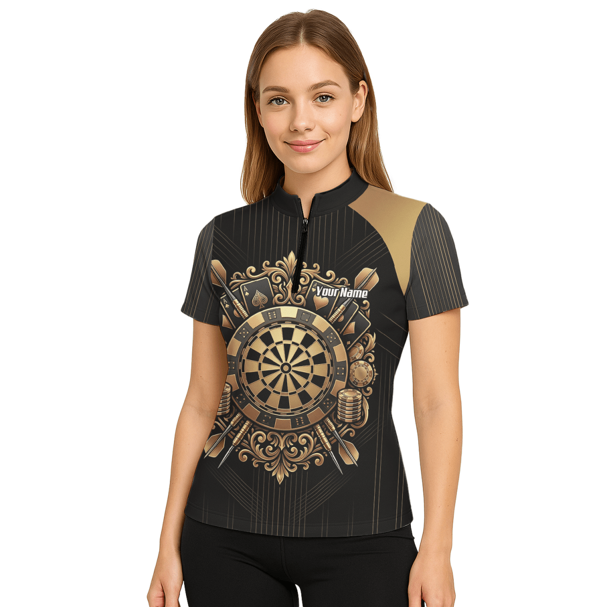 Dart Trikot Damen Personalisierbar – Casino & Poker Design Schwarz Gold D9179 - Outfitsuche