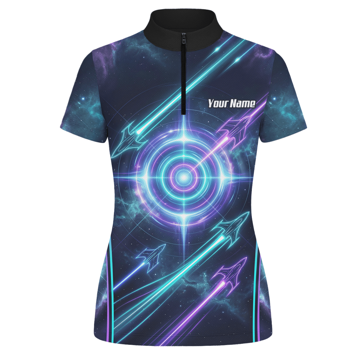 Dart Trikot Damen Personalisierbar – Galaxy Neon Zielscheibe Blau J7924 - Outfitsuche
