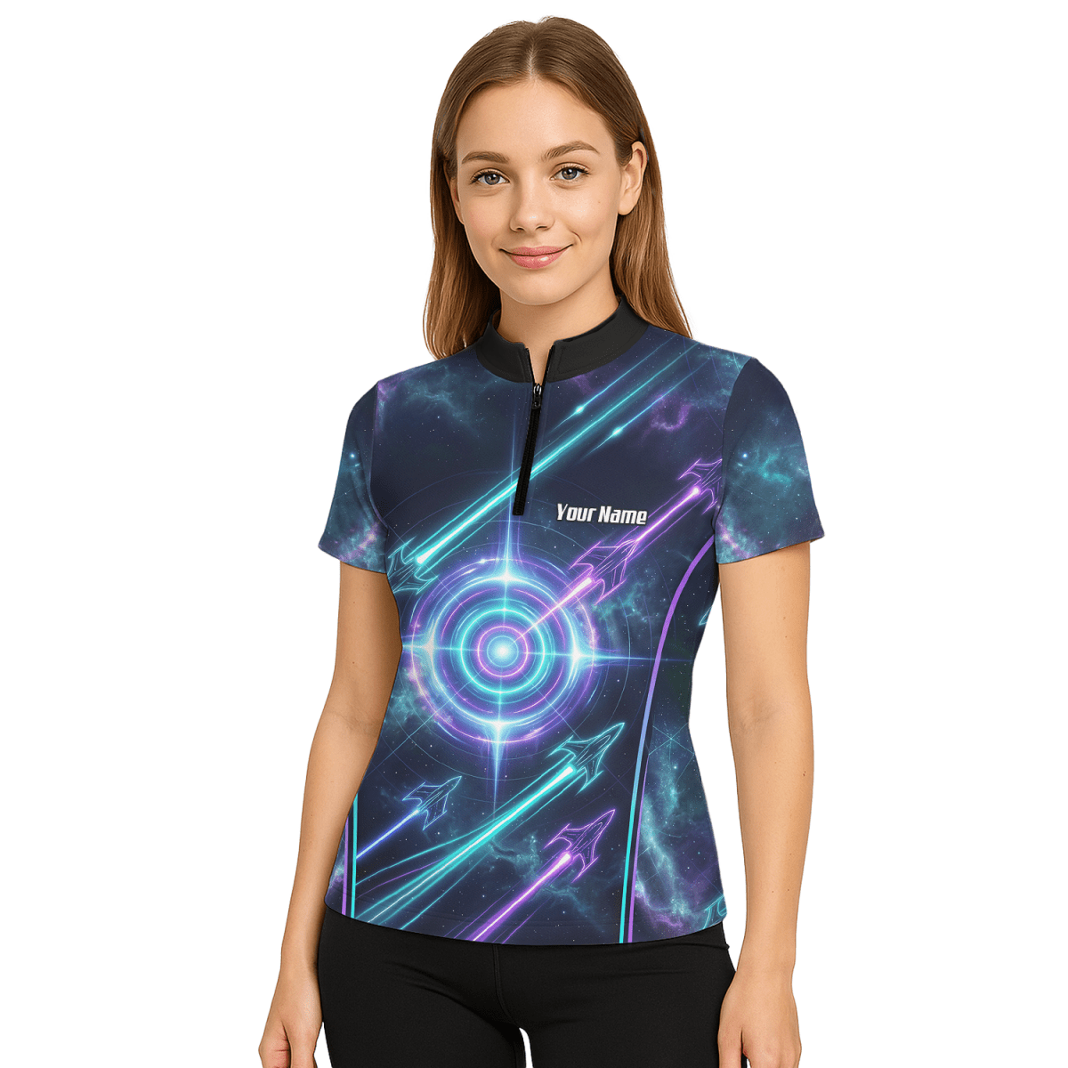 Dart Trikot Damen Personalisierbar – Galaxy Neon Zielscheibe Blau J7924 - Outfitsuche