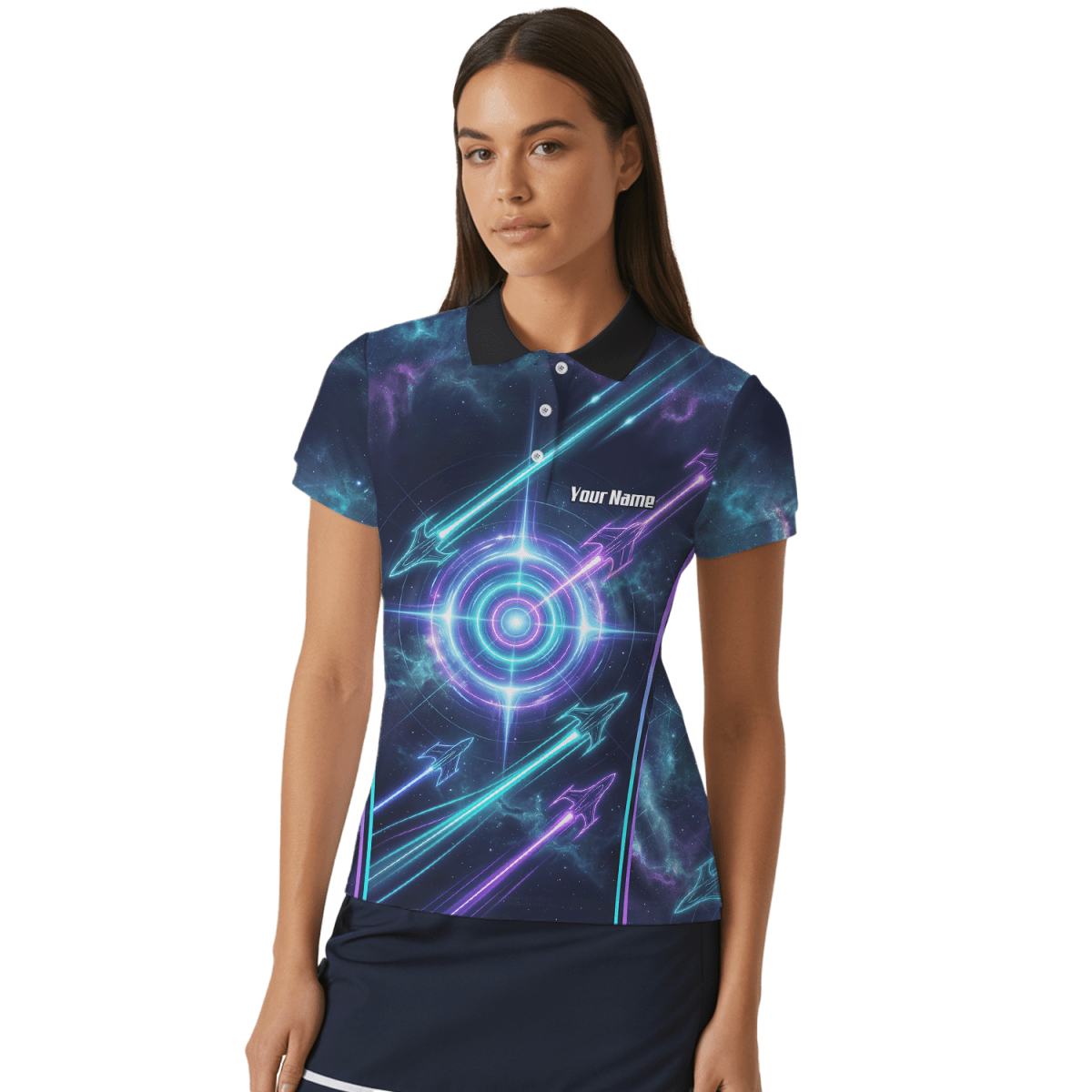 Dart Trikot Damen Personalisierbar – Galaxy Neon Zielscheibe Blau J7924 - Outfitsuche