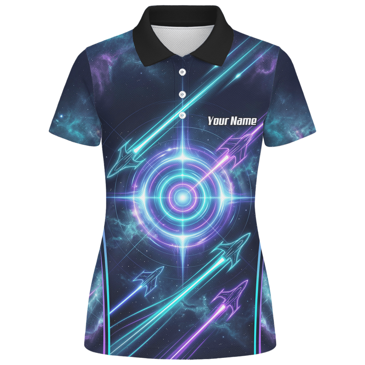Dart Trikot Damen Personalisierbar – Galaxy Neon Zielscheibe Blau J7924 - Outfitsuche