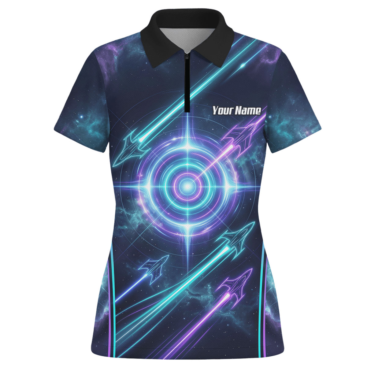 Dart Trikot Damen Personalisierbar – Galaxy Neon Zielscheibe Blau J7924 - Outfitsuche