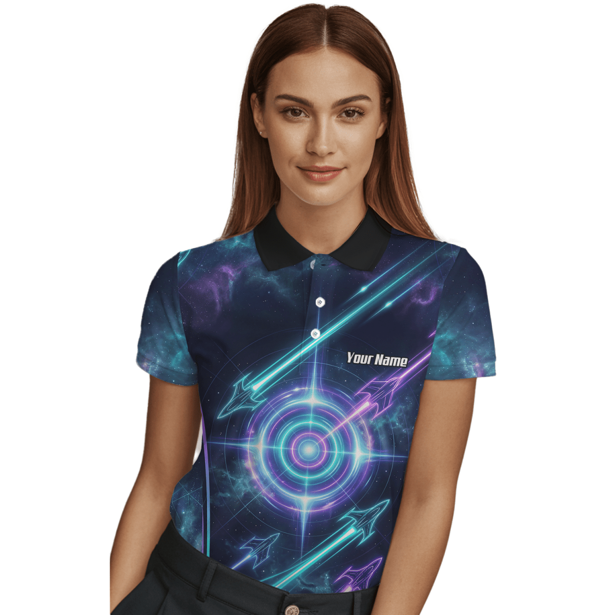 Dart Trikot Damen Personalisierbar – Galaxy Neon Zielscheibe Blau J7924 - Outfitsuche