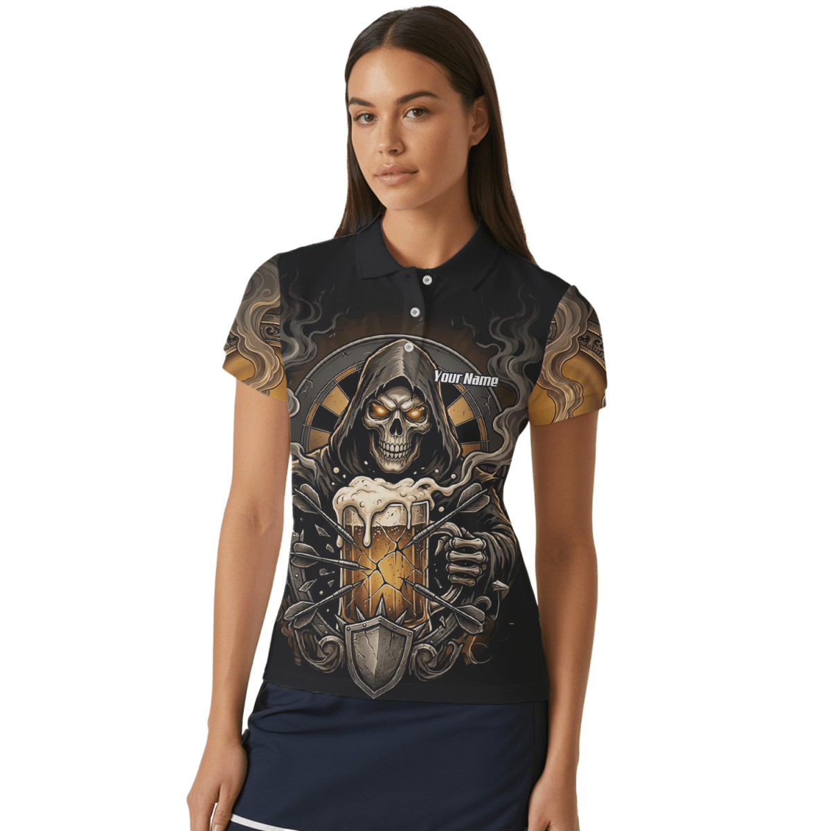 Dart Trikot Damen – Personalisierbar Reaper & Bier Motiv Schwarz Gold W5988 - Outfitsuche