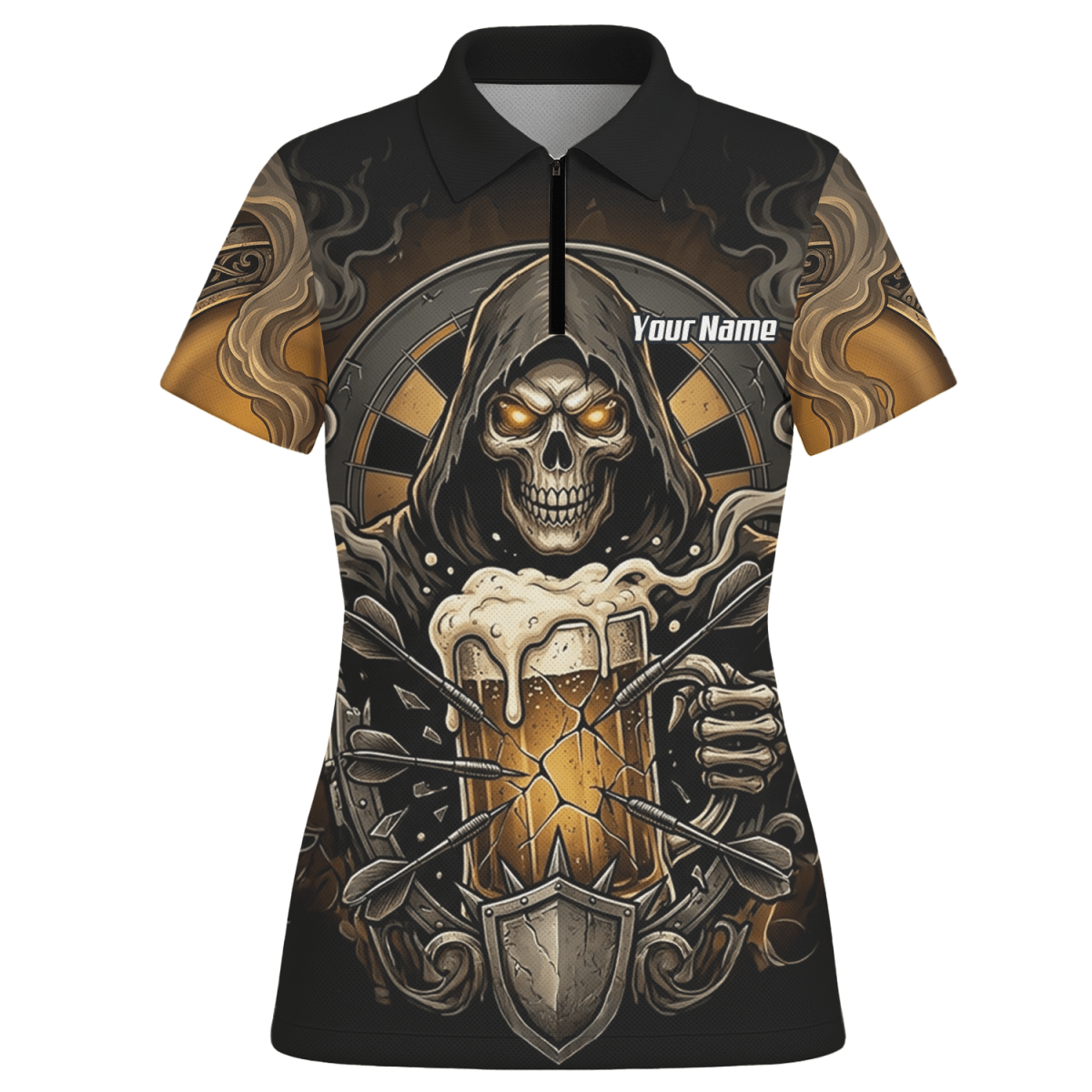 Dart Trikot Damen – Personalisierbar Reaper & Bier Motiv Schwarz Gold W5988 - Outfitsuche