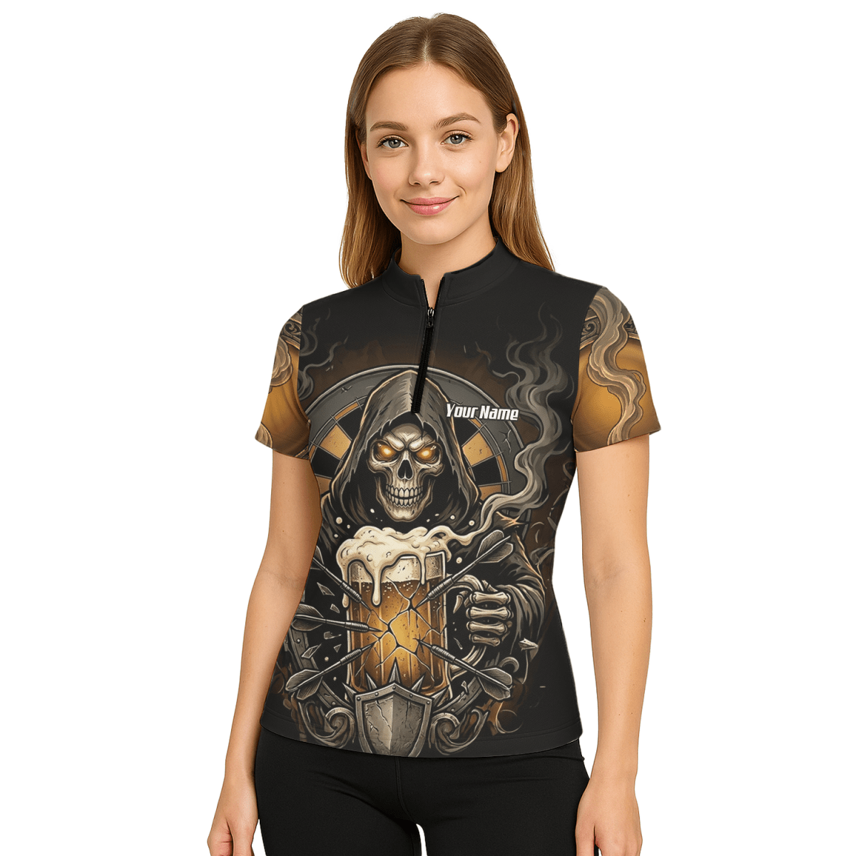 Dart Trikot Damen – Personalisierbar Reaper & Bier Motiv Schwarz Gold W5988 - Outfitsuche