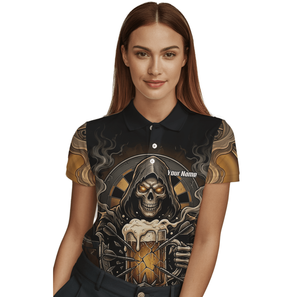 Dart Trikot Damen – Personalisierbar Reaper & Bier Motiv Schwarz Gold W5988 - Outfitsuche