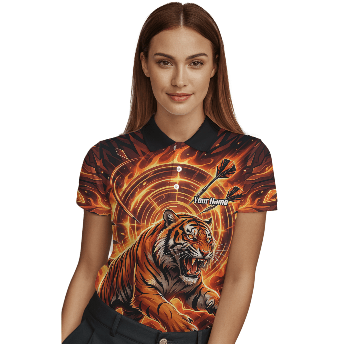 Dart Trikot Damen Personalisierbar – Tiger & Flammen Motiv Orange L1425 - Outfitsuche
