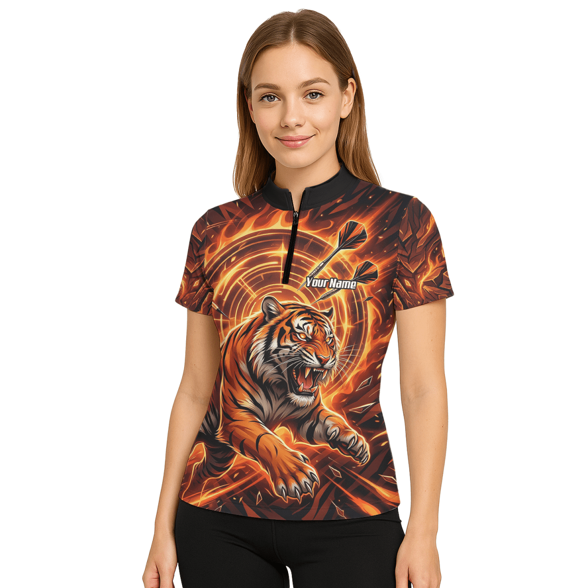 Dart Trikot Damen Personalisierbar – Tiger & Flammen Motiv Orange L1425 - Outfitsuche