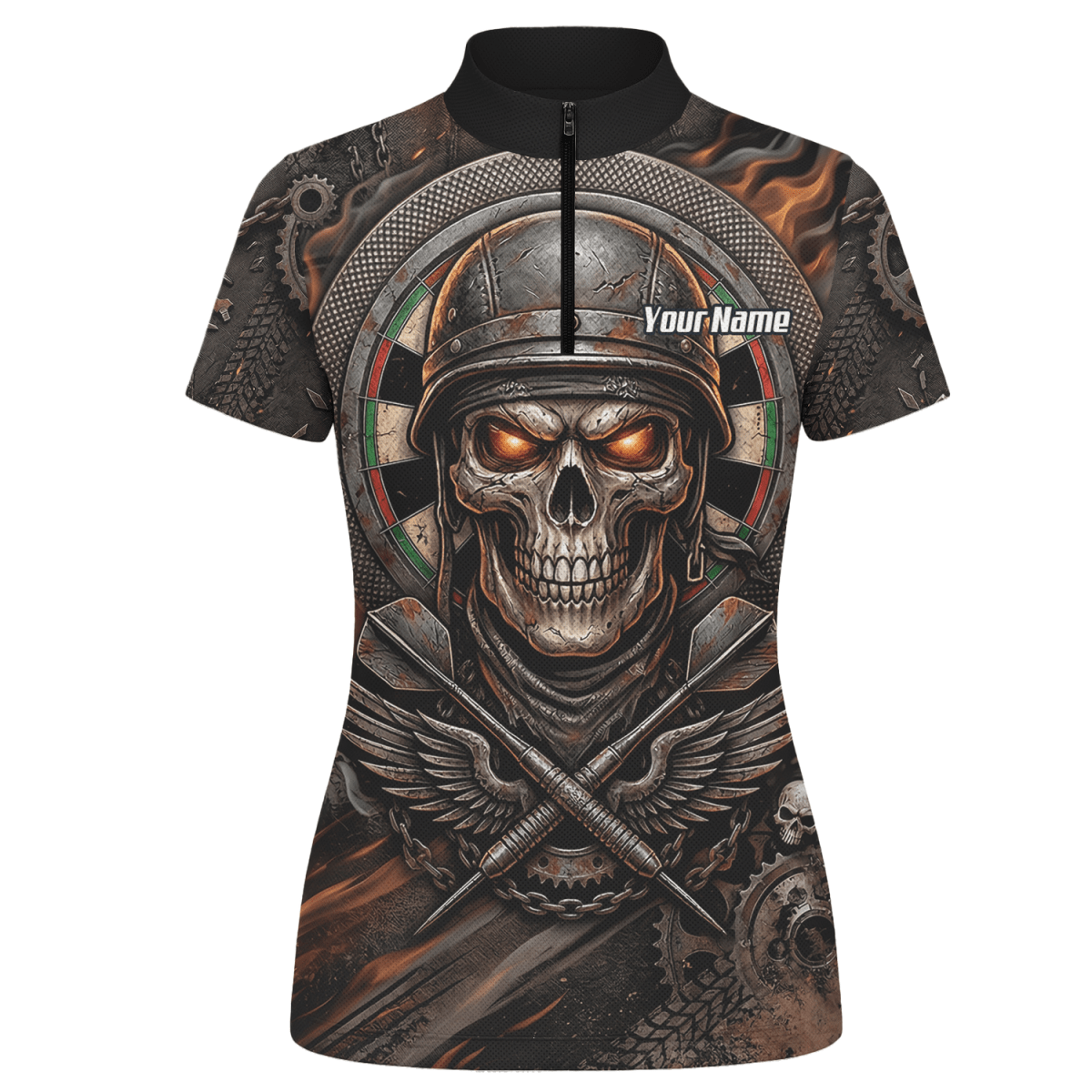 Dart Trikot Damen Personalisierbar – Totenkopf Krieger Braun Flammen B5126 - Outfitsuche