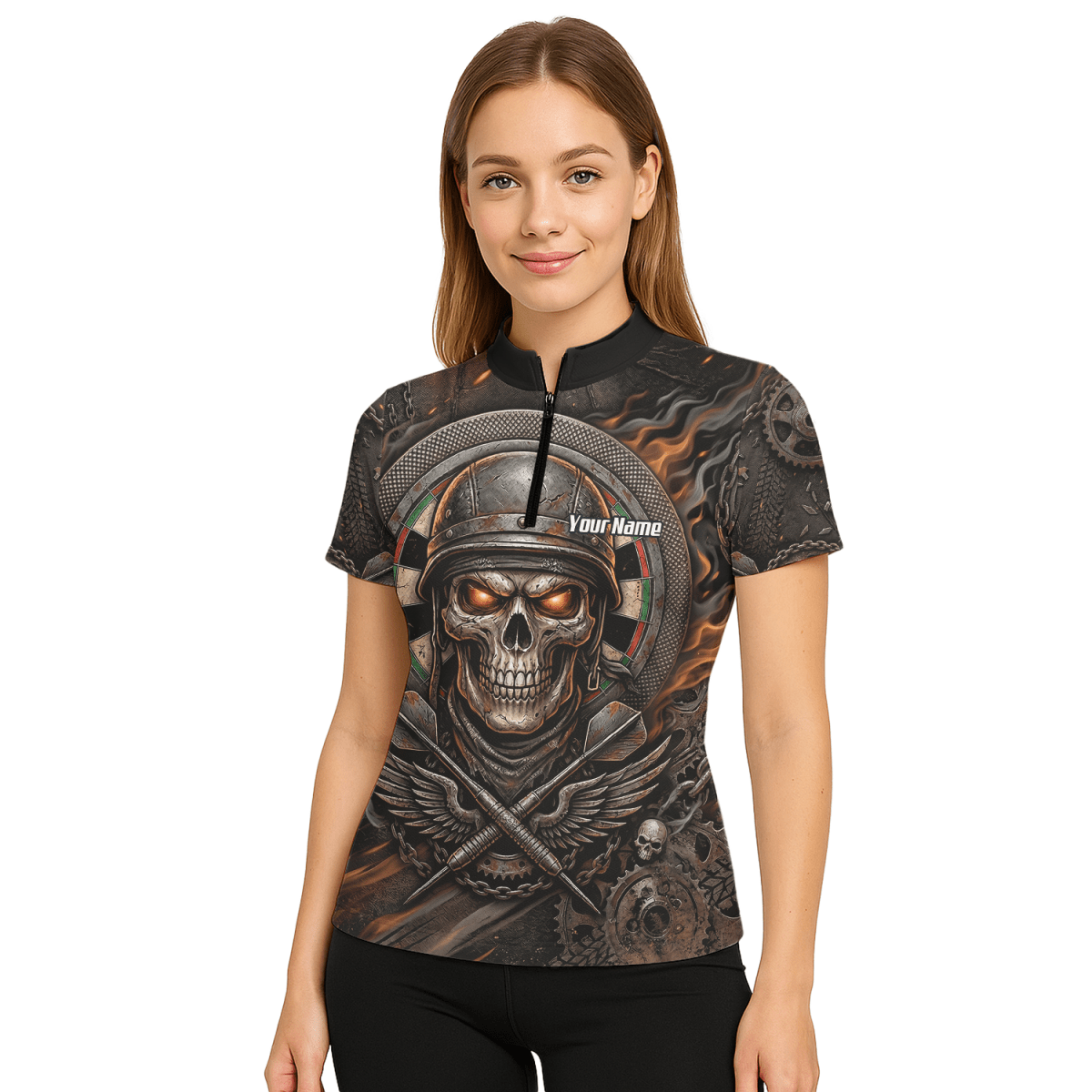 Dart Trikot Damen Personalisierbar – Totenkopf Krieger Braun Flammen B5126 - Outfitsuche
