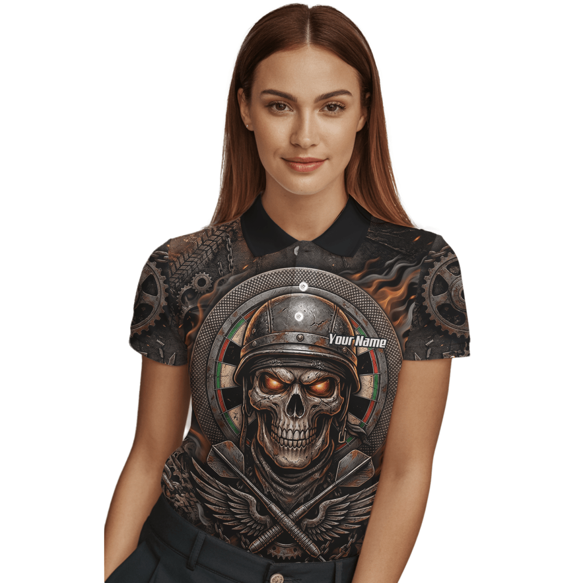 Dart Trikot Damen Personalisierbar – Totenkopf Krieger Braun Flammen B5126 - Outfitsuche