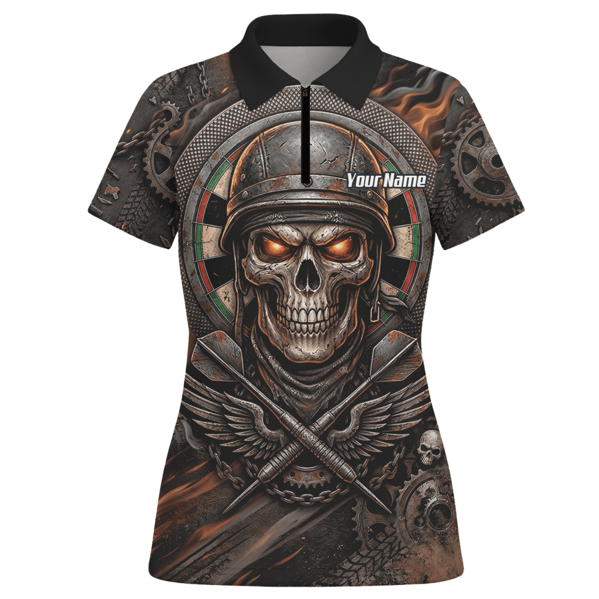 Dart Trikot Damen Personalisierbar – Totenkopf Krieger Braun Flammen B5126 - Outfitsuche