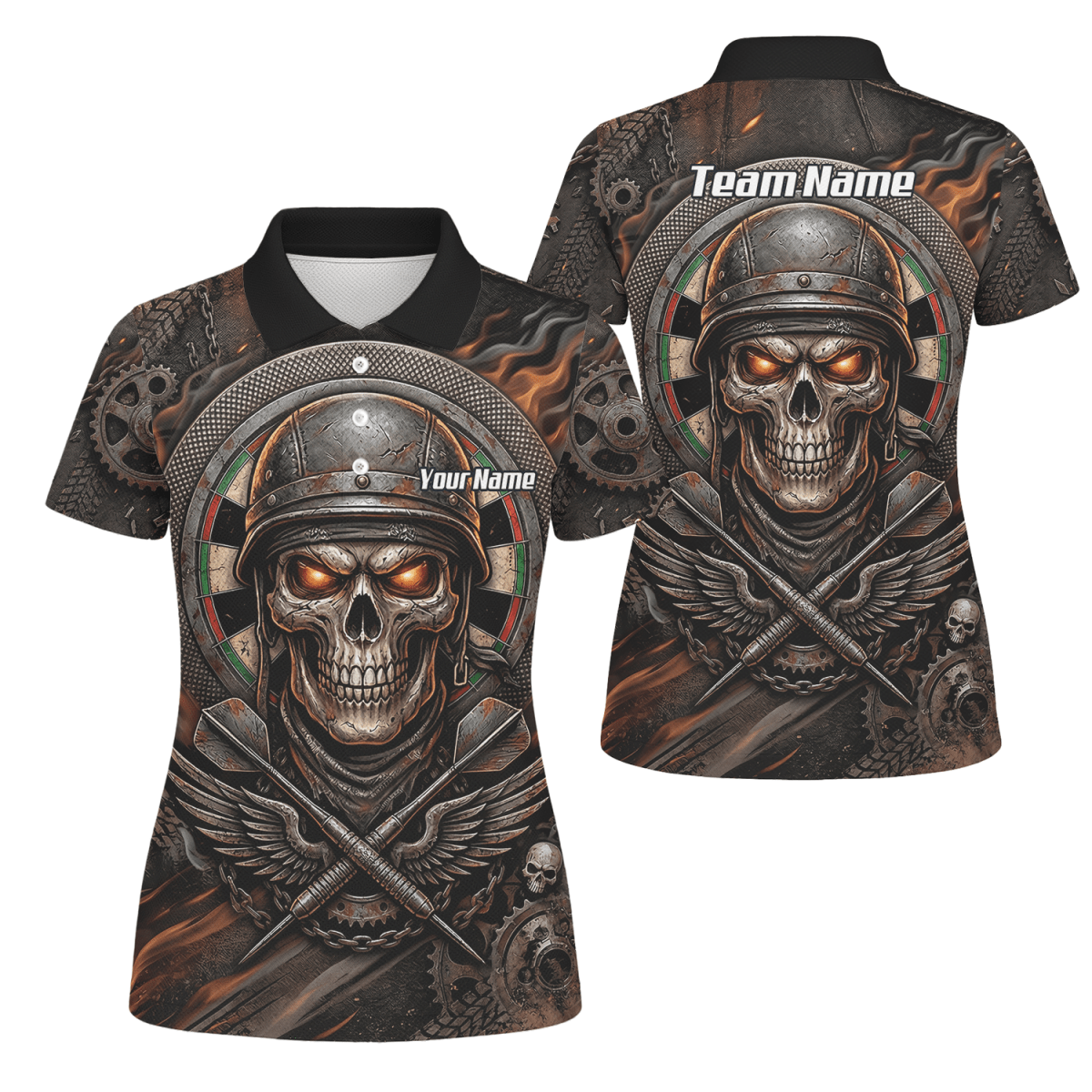 Dart Trikot Damen Personalisierbar – Totenkopf Krieger Braun Flammen B5126 - Outfitsuche