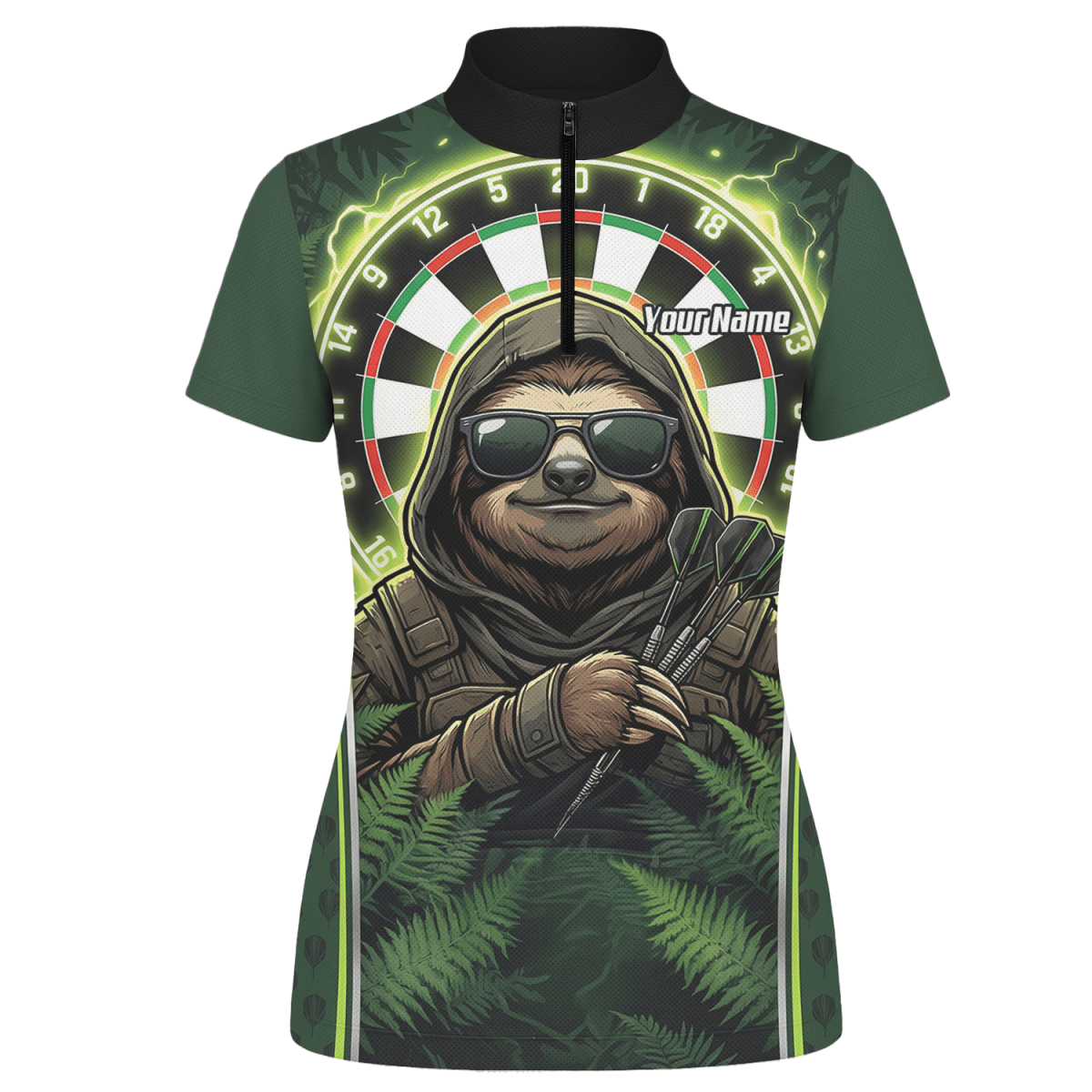 Dart Trikot Damen – Personalisiertes Faultier Motiv Grün Schwarz A2449 - Outfitsuche