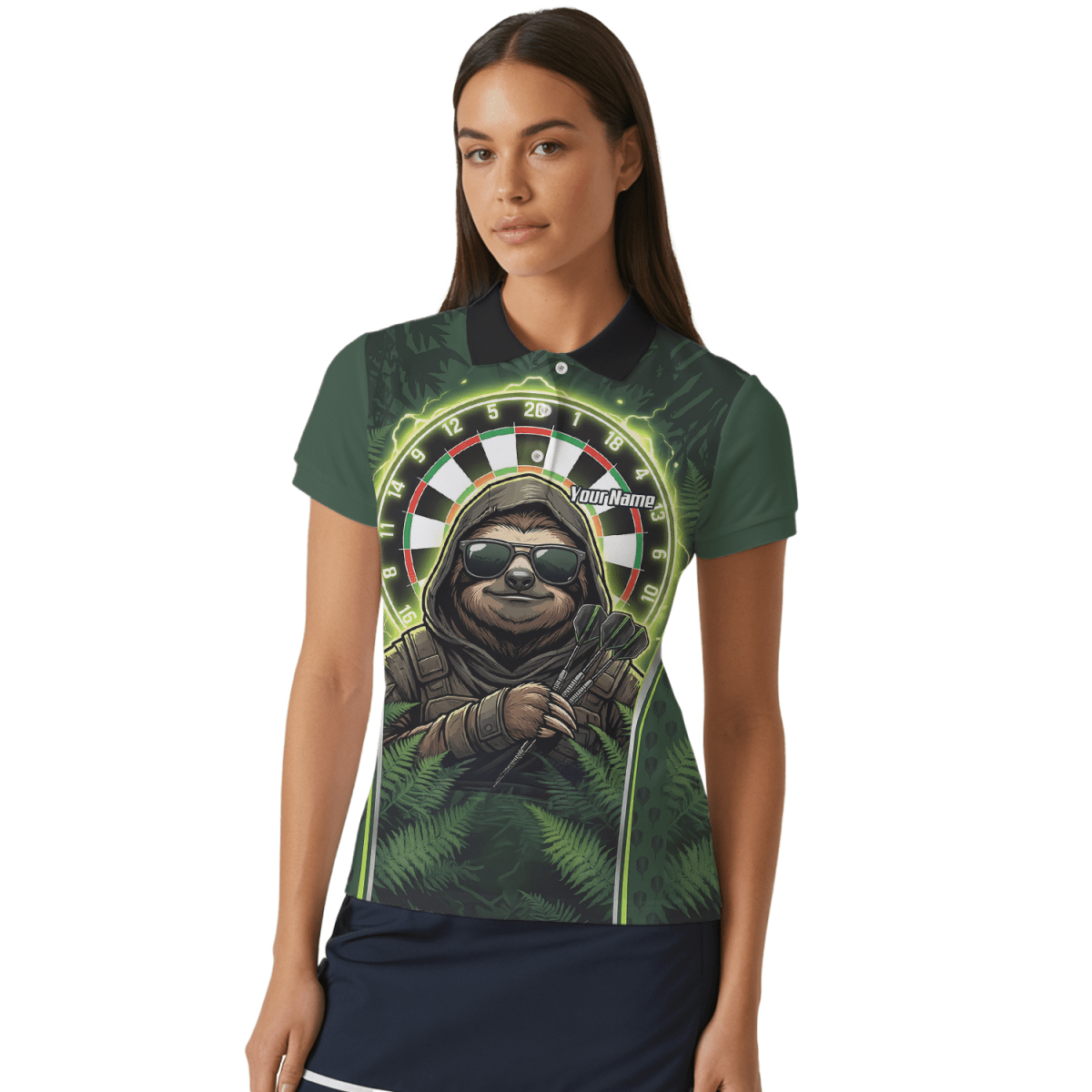 Dart Trikot Damen – Personalisiertes Faultier Motiv Grün Schwarz A2449 - Outfitsuche