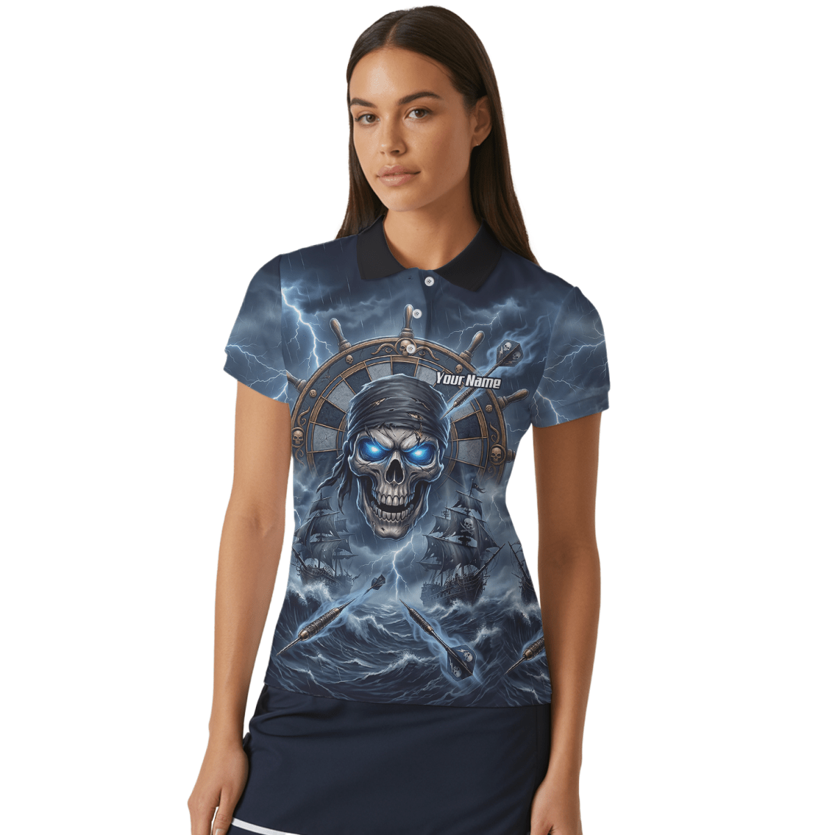 Dart Trikot Damen – Piraten Totenkopf & Geisterschiff, Blau, Personalisierbar C6638 - Outfitsuche