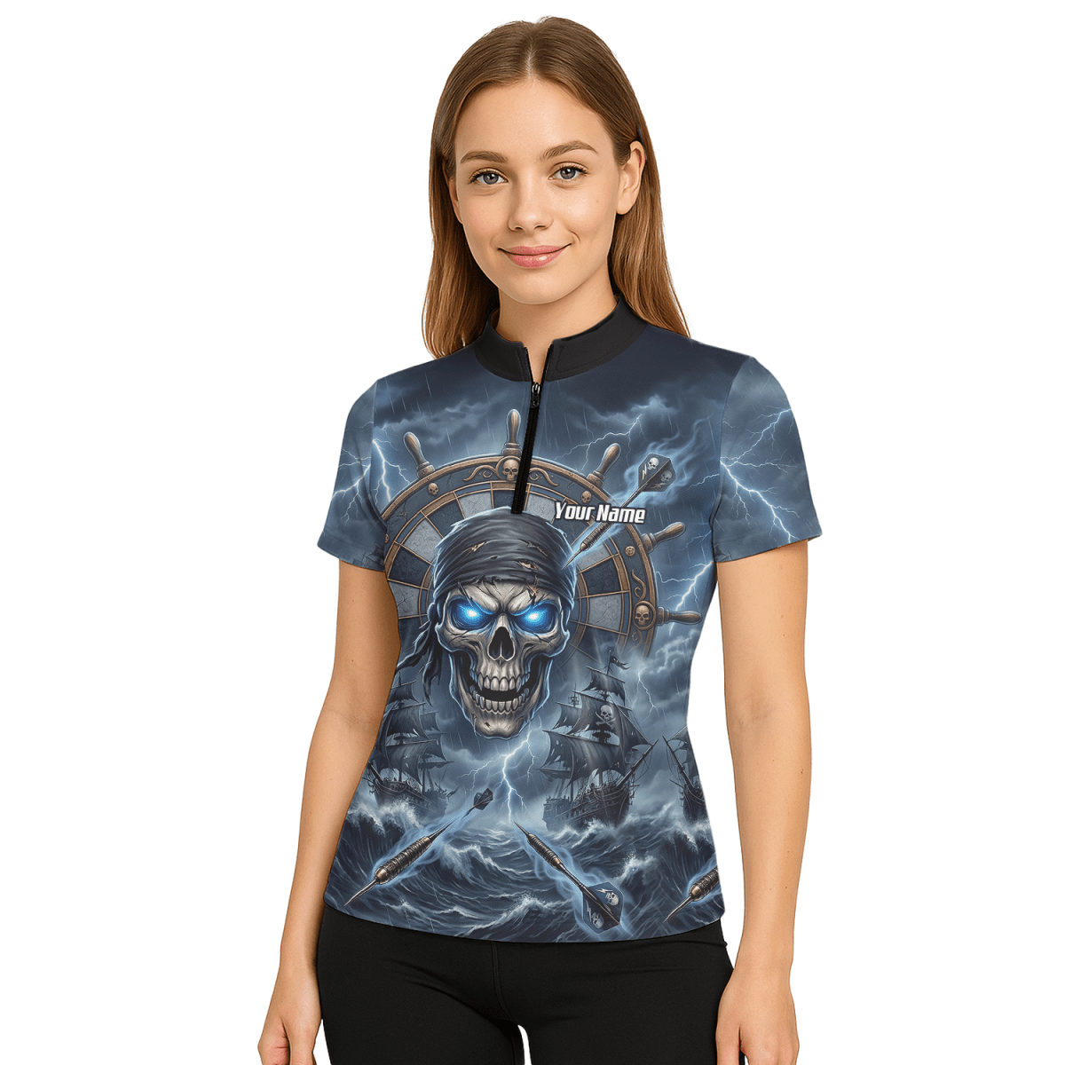 Dart Trikot Damen – Piraten Totenkopf & Geisterschiff, Blau, Personalisierbar C6638 - Outfitsuche
