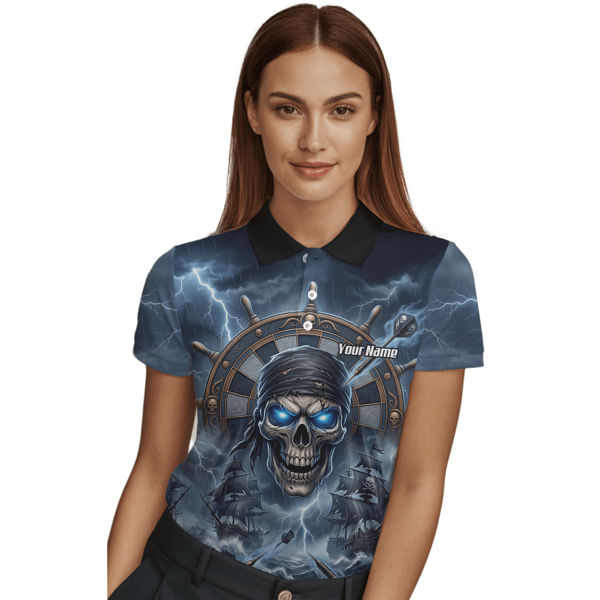 Dart Trikot Damen – Piraten Totenkopf & Geisterschiff, Blau, Personalisierbar C6638 - Outfitsuche