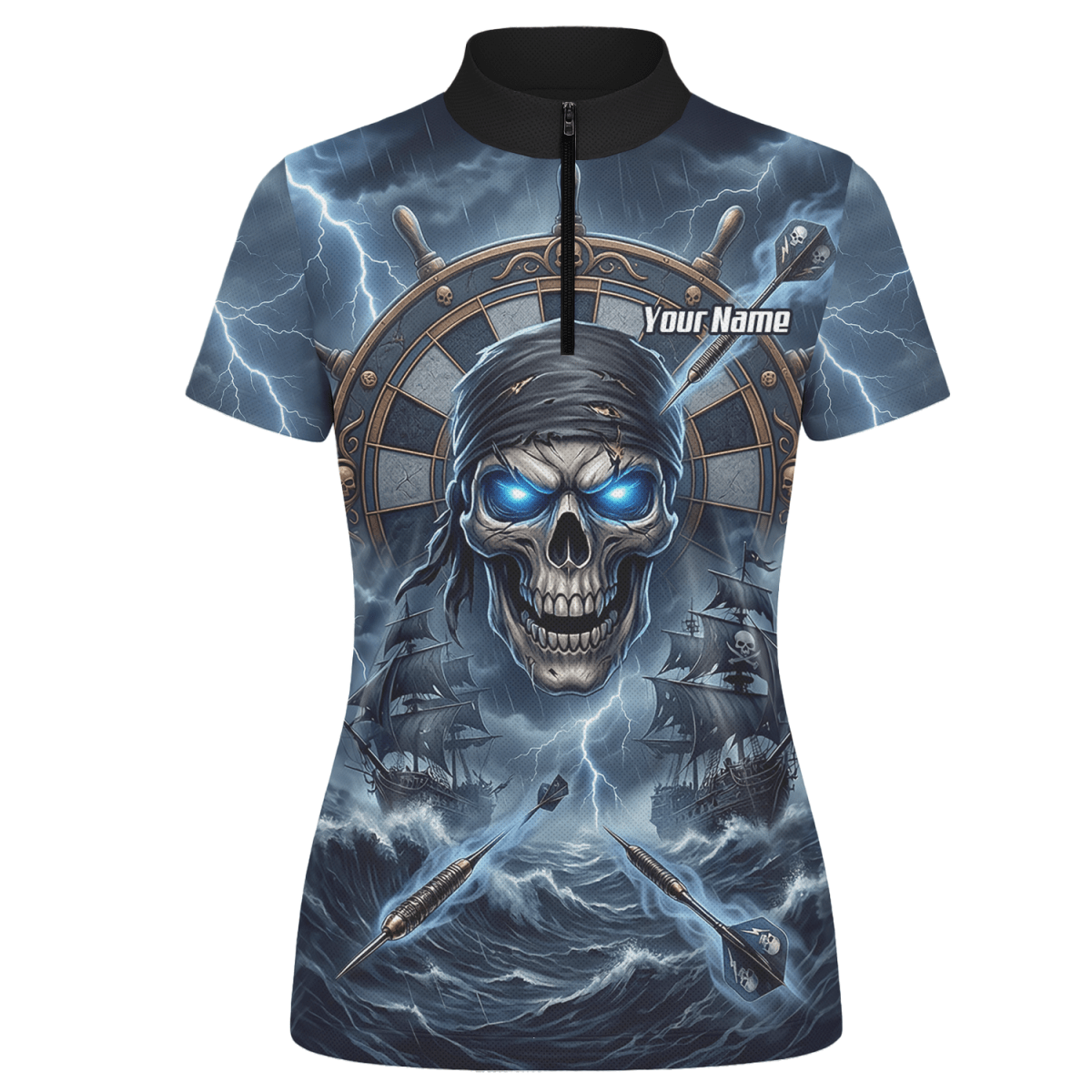 Dart Trikot Damen – Piraten Totenkopf & Geisterschiff, Blau, Personalisierbar C6638 - Outfitsuche