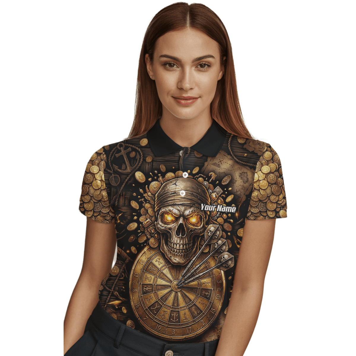 Dart Trikot Damen – Piraten Totenkopf Gold & Bronze Design – Personalisiert L4232 - Outfitsuche