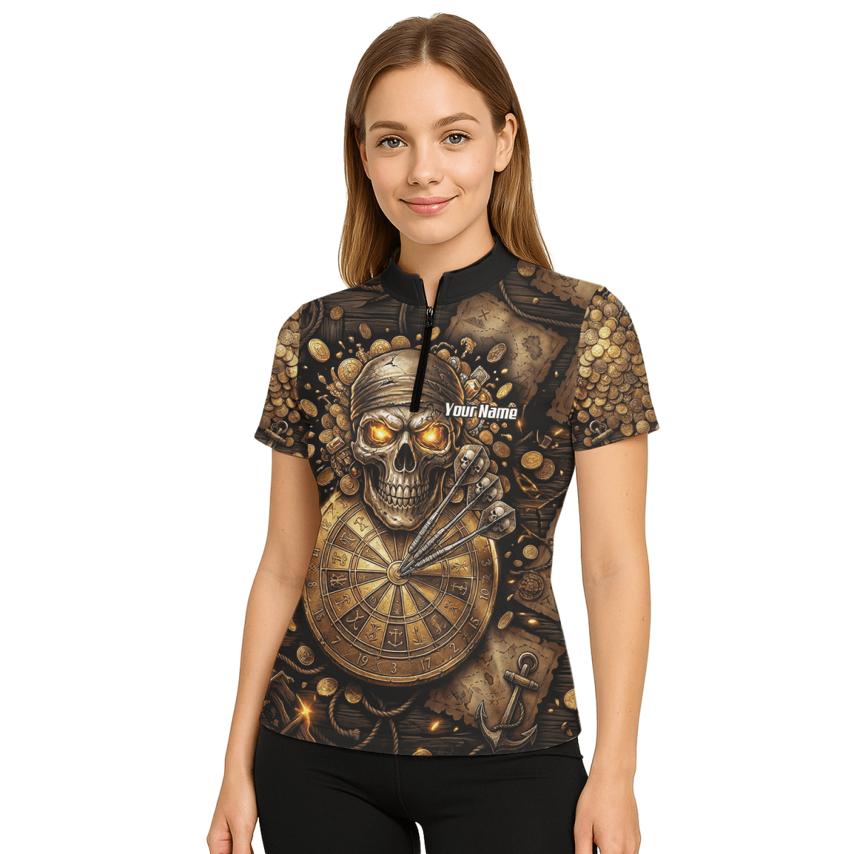 Dart Trikot Damen – Piraten Totenkopf Gold & Bronze Design – Personalisiert L4232 - Outfitsuche