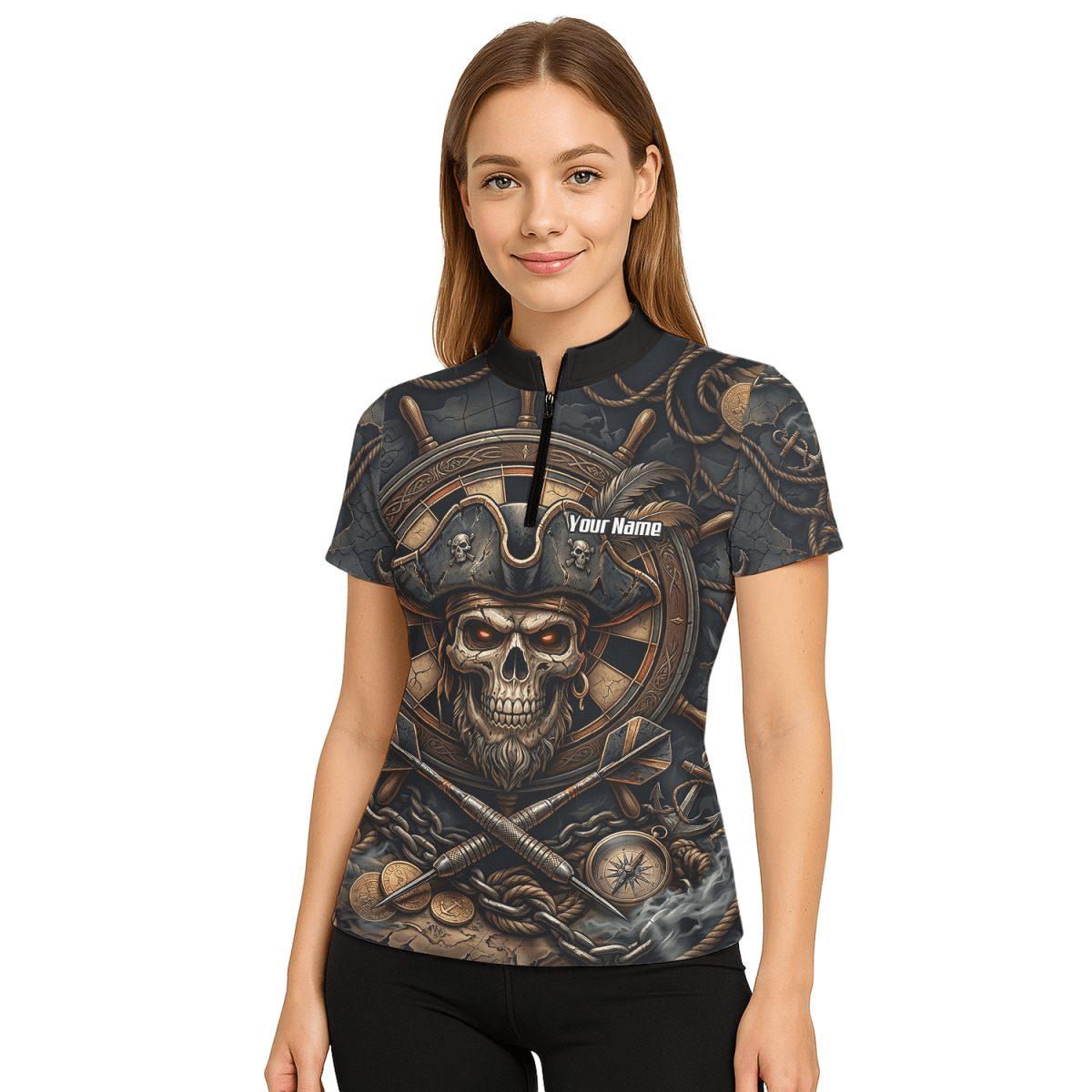 Dart Trikot Damen – Piraten Totenkopf Schwarz Gold Personalisierbar H4255 - Outfitsuche