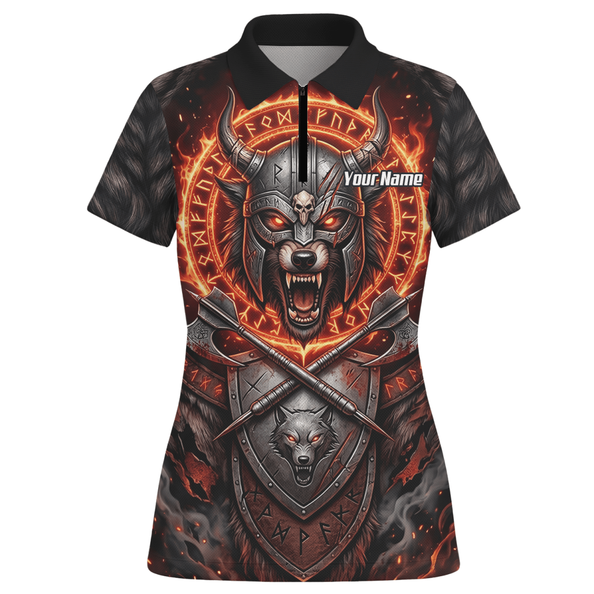 Dart Trikot Damen – Wikinger Wolf & Runen – Schwarz Orange Feuer E8296 - Outfitsuche