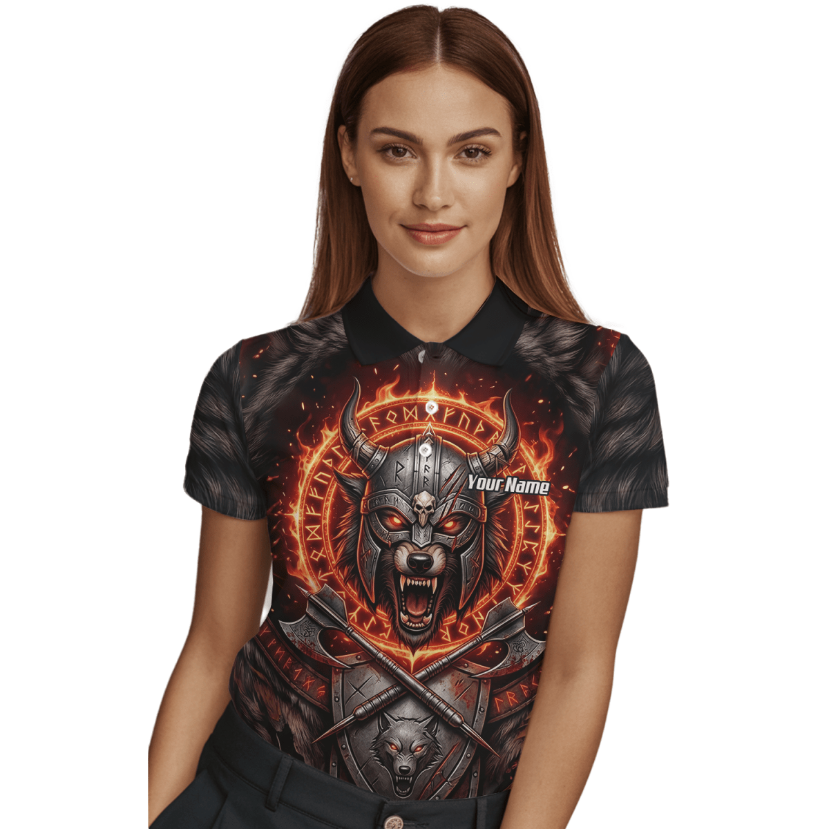 Dart Trikot Damen – Wikinger Wolf & Runen – Schwarz Orange Feuer E8296 - Outfitsuche