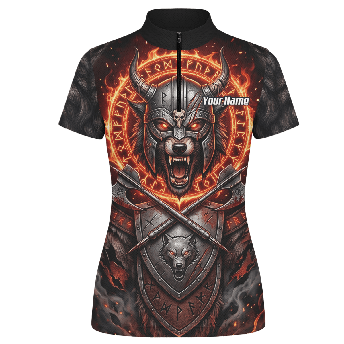 Dart Trikot Damen – Wikinger Wolf & Runen – Schwarz Orange Feuer E8296 - Outfitsuche