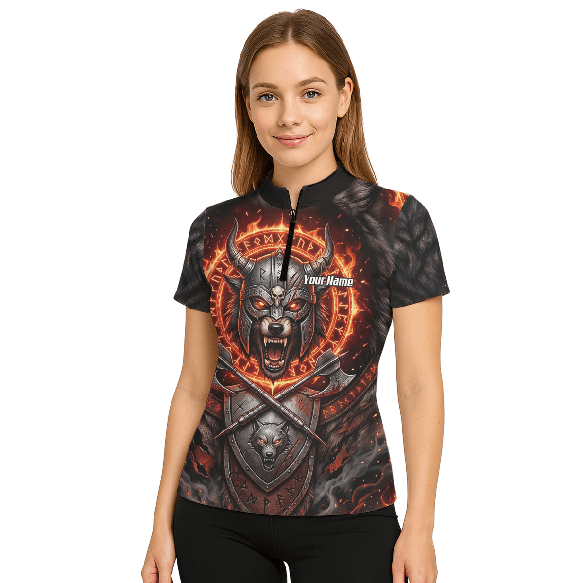 Dart Trikot Damen – Wikinger Wolf & Runen – Schwarz Orange Feuer E8296 - Outfitsuche