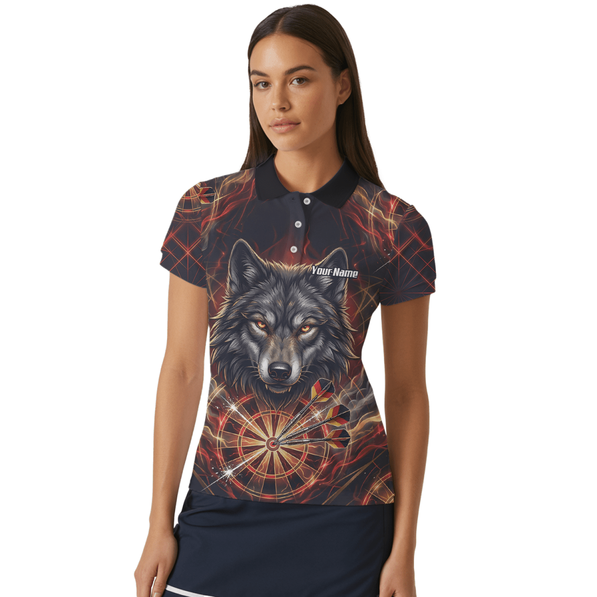 Dart Trikot Damen – Wolf & Dartboard Motiv Schwarz Rot Flammen X2698 - Outfitsuche
