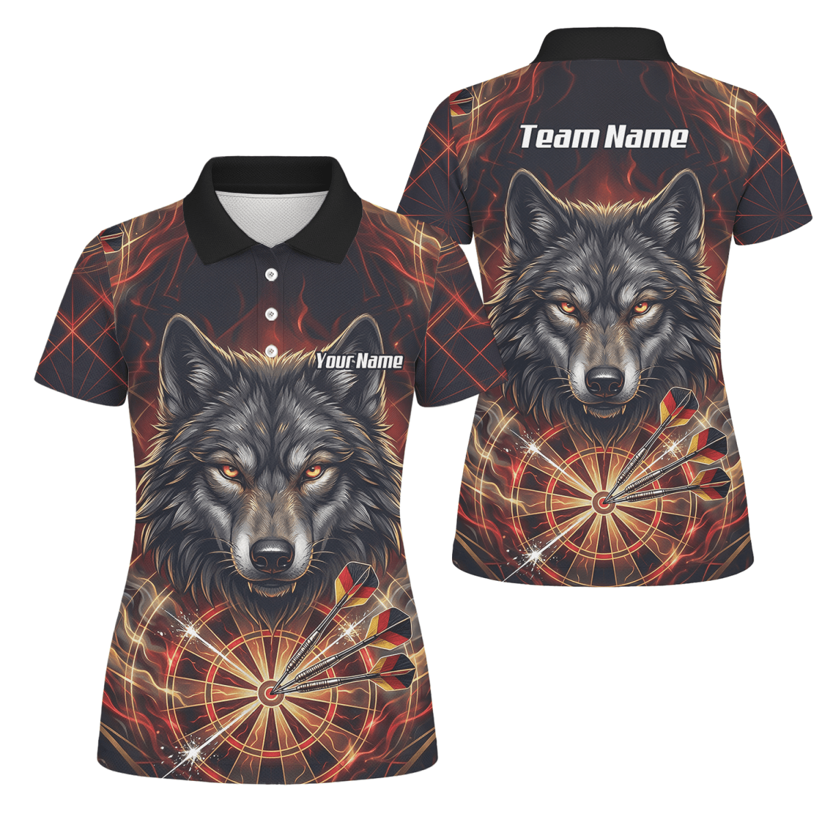 Dart Trikot Damen – Wolf & Dartboard Motiv Schwarz Rot Flammen X2698 - Outfitsuche