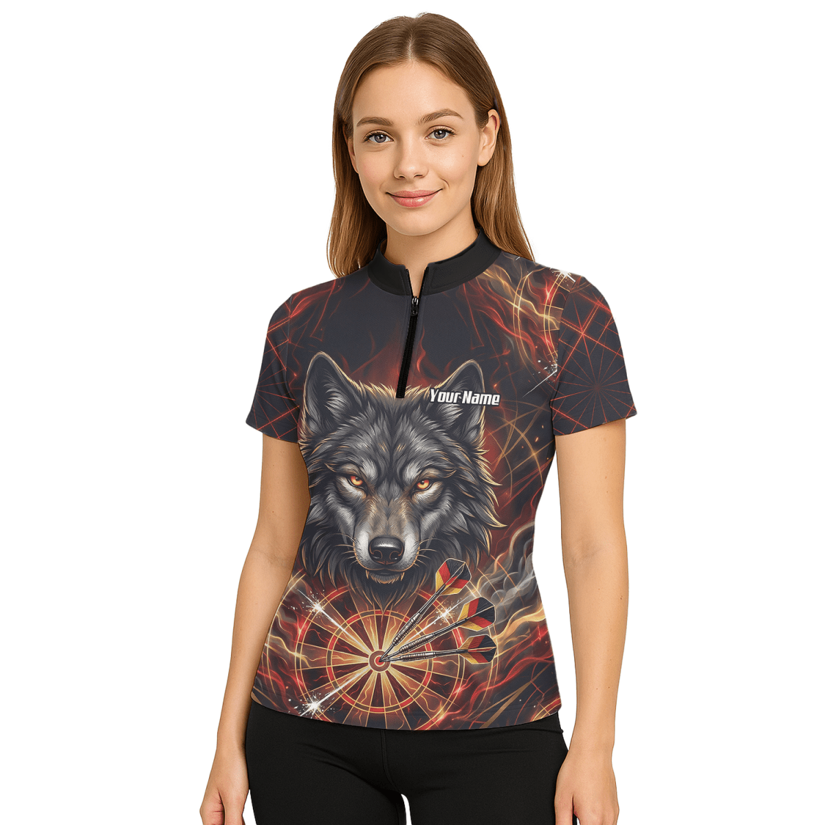 Dart Trikot Damen – Wolf & Dartboard Motiv Schwarz Rot Flammen X2698 - Outfitsuche