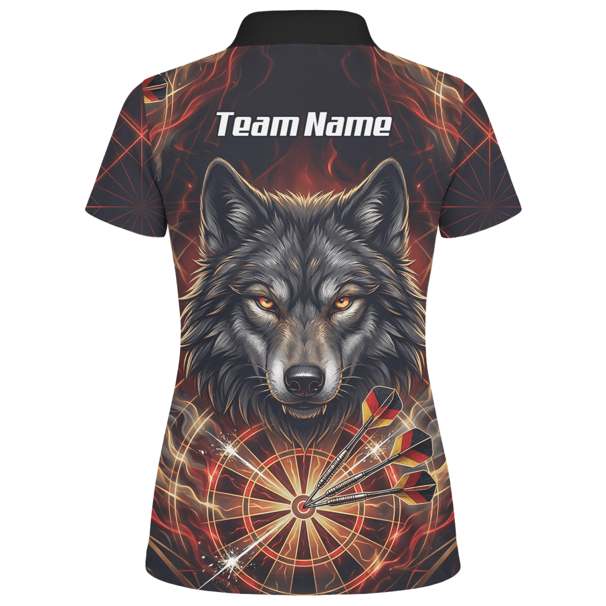 Dart Trikot Damen – Wolf & Dartboard Motiv Schwarz Rot Flammen X2698 - Outfitsuche
