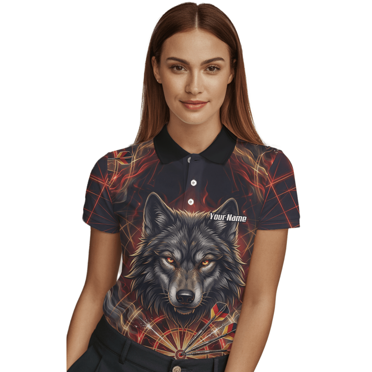 Dart Trikot Damen – Wolf & Dartboard Motiv Schwarz Rot Flammen X2698 - Outfitsuche