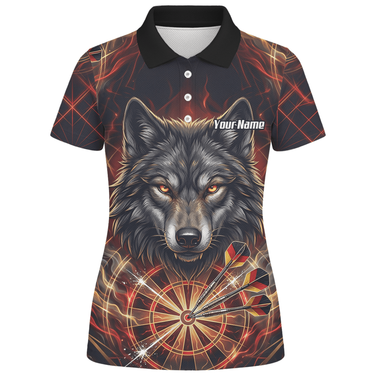 Dart Trikot Damen – Wolf & Dartboard Motiv Schwarz Rot Flammen X2698 - Outfitsuche