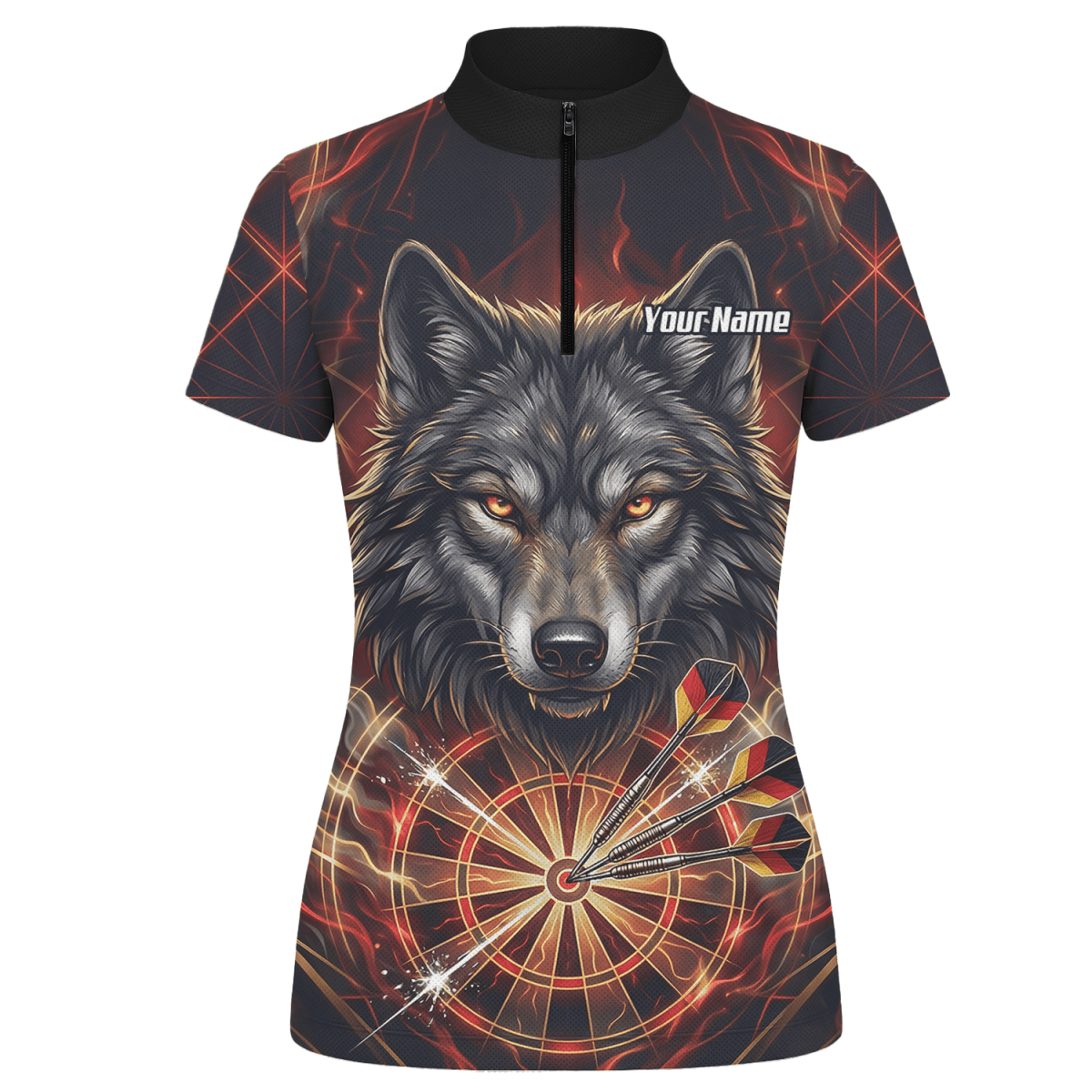 Dart Trikot Damen – Wolf & Dartboard Motiv Schwarz Rot Flammen X2698 - Outfitsuche